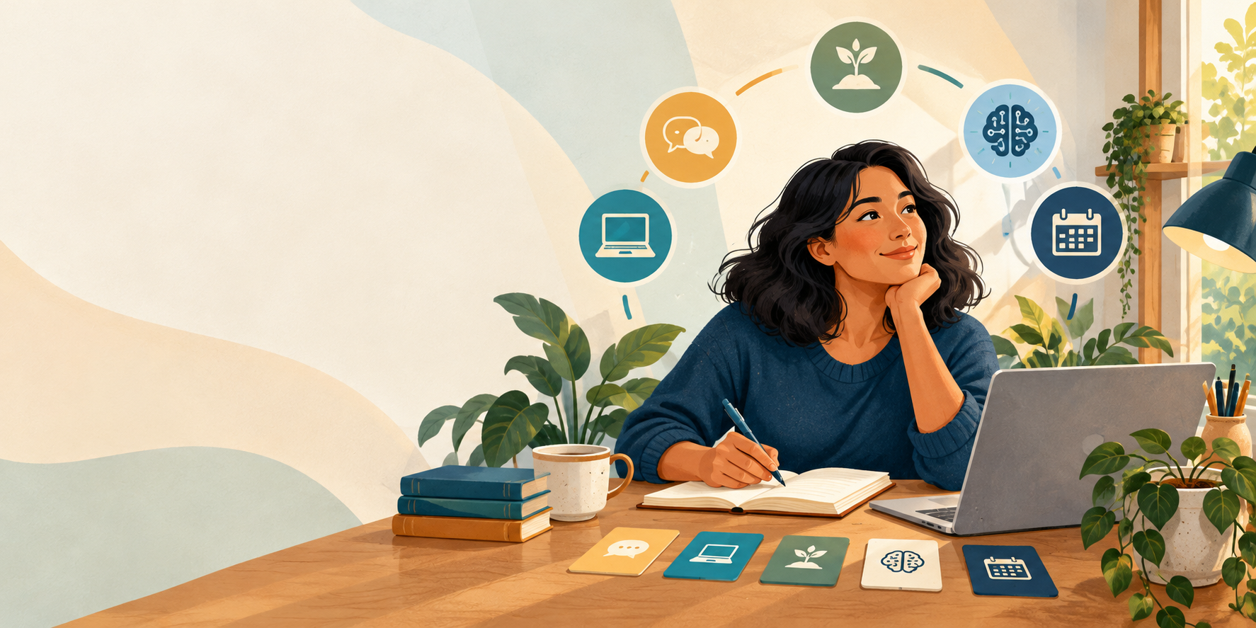 Illustration of a person planning at a desk with symbols for practical learning topics.
